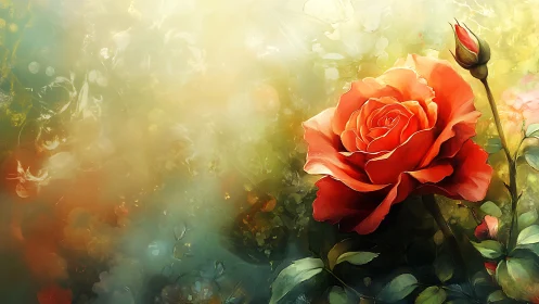 Vibrant Red Rose Blooming in Dreamy Garden Light.