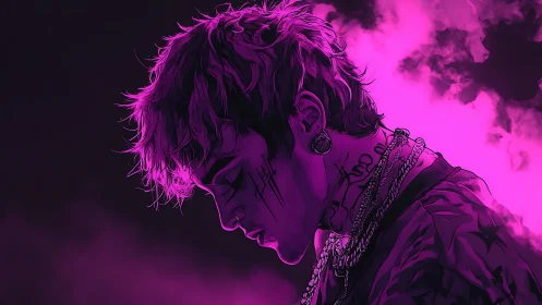 Side-profile neon portrait of tattooed man in pink light.