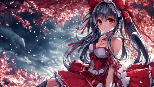 Red-eyed anime girl under swirling cherry blossoms at dusk