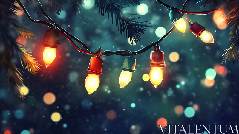 Festive string lights glow amid pine branches and bokeh.