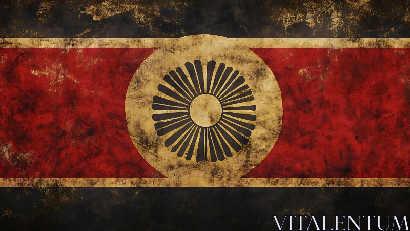 Worn red banner with golden sunburst emblem centered. Period.