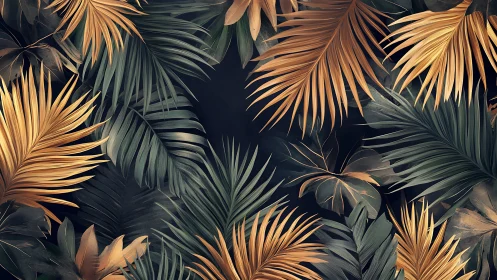 Midnight jungle leaves in deep teal and soft gold glow.
