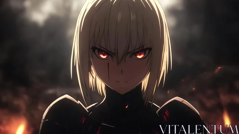 Blonde anime warrior with burning red eyes in dark armor