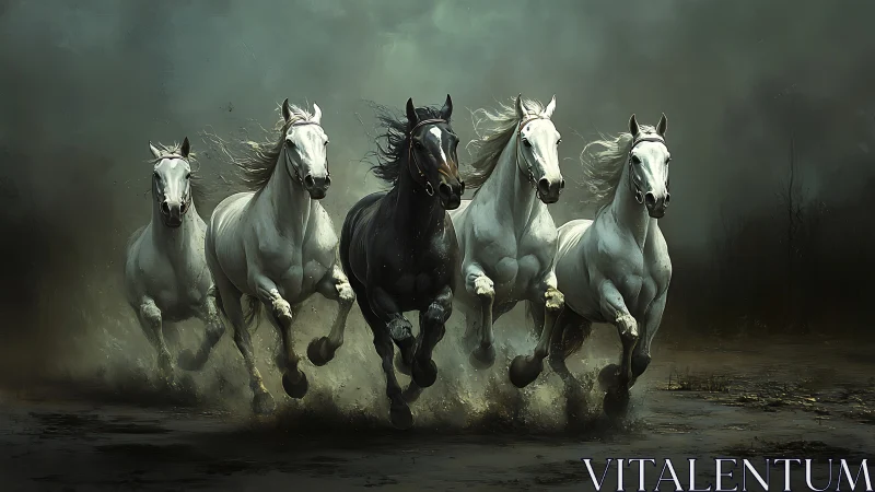 Stormborn herd thunders through mist and shadowed marshlands.