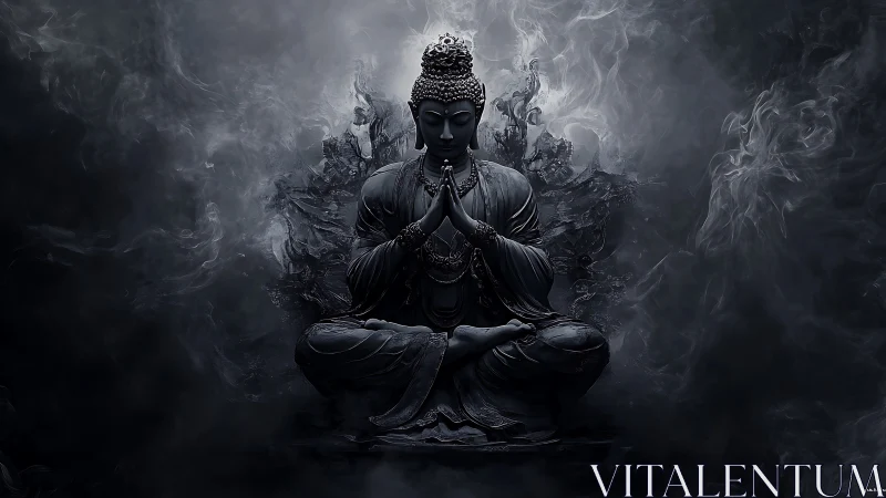 Calm meditating Buddha in swirling midnight meditation mist.