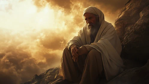 Desert elder sits in golden stormlit solitude on rock.