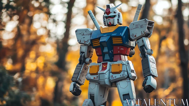 Gundam robot standing tall among softly glowing autumn trees.