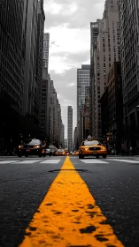 Bright yellow cab glides down a bold city center street
