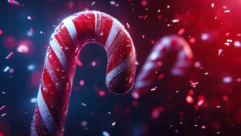 Close-up view of striped candy canes with particle scatter.
