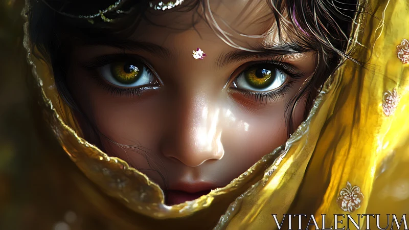 Close portrait of veiled child with detailed green eyes.