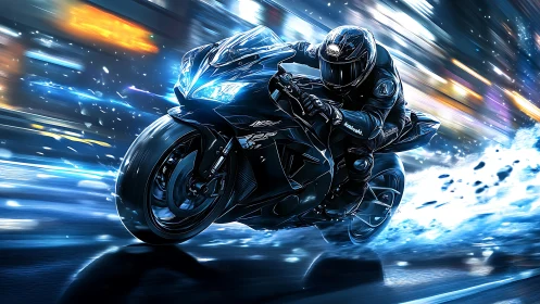 Futuristic superbike races through neon cityscape in kinetic blur