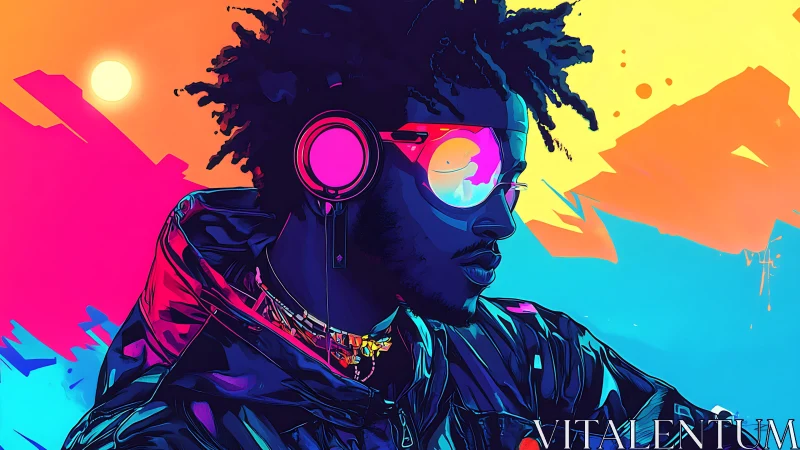 Neon dusk cradles a headphone hero in prismatic grooves