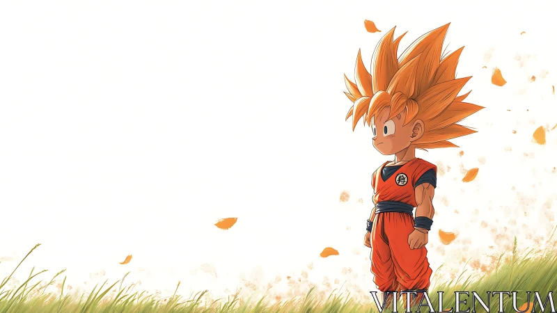 Kid warrior with spiky hair stands in grassy field calmly