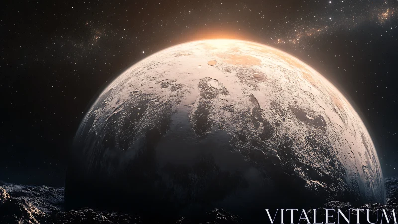 Luminous alien planet horizon under distant starfield glow.