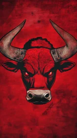 Horned bull head illustration on distressed crimson ground.
