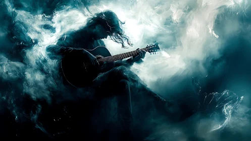 Silhouetted guitarist emerges from swirling teal smoke