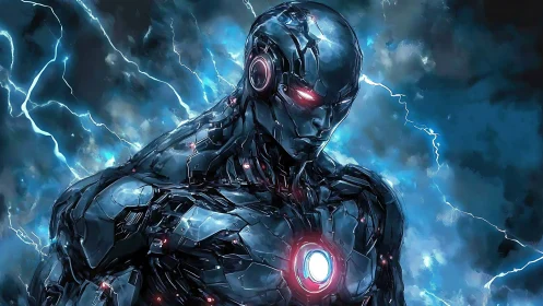 Metallic humanoid robot stands before storm with blue lightning