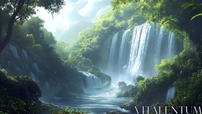 Multi-tiered rainforest waterfalls in humid morning backlight