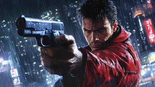 Gunman in red coat aiming pistol in neon city rainstorm.