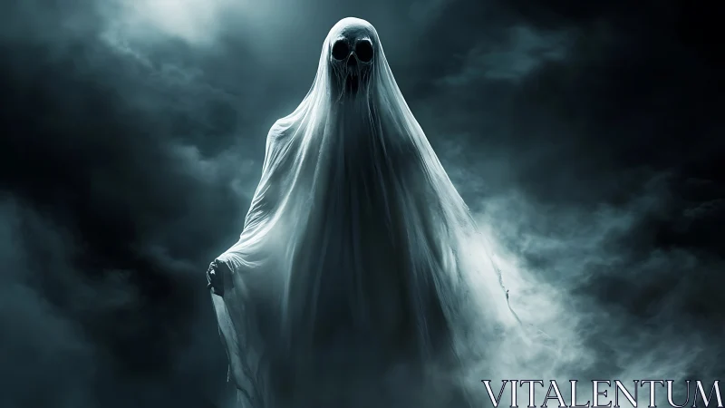 Spectral wraith emerging from mist in dramatic moonlit gloom.