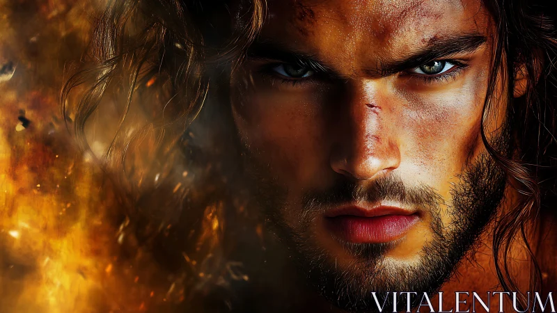 Battle-scarred warrior portrait rendered in dramatic digital realism