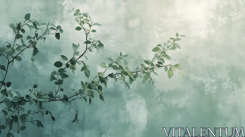 Tranquil botanical branch on misty green textured background.