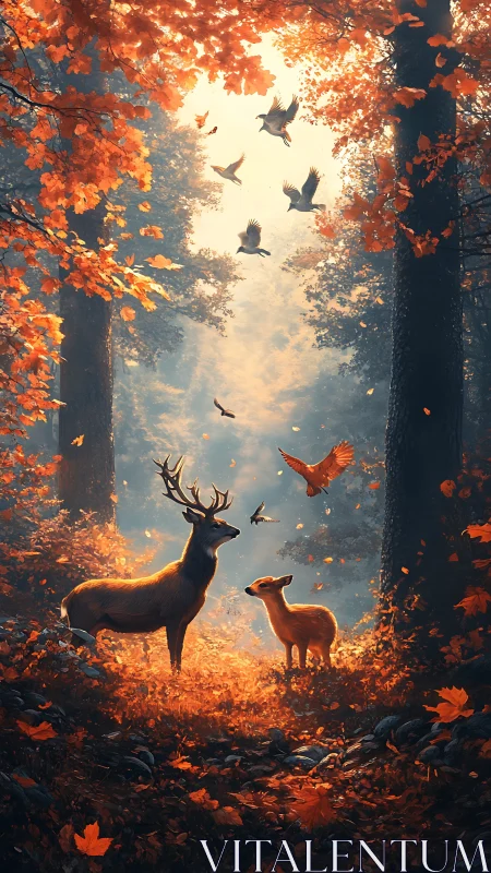 Deer and birds stand in sunlit autumn forest clearing