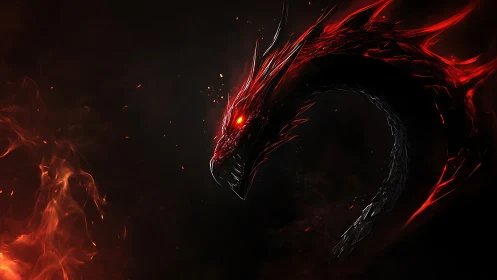 Digital painting of a coiled infernal dragon in negative space.