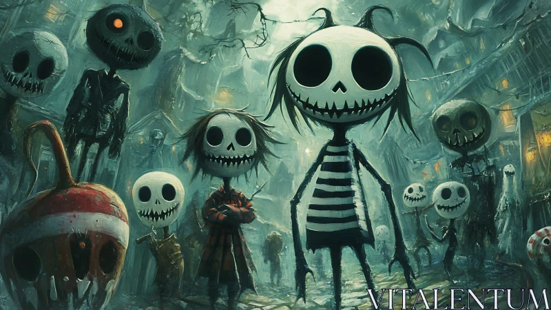 Grinning skeleton children roaming a misty haunted street.