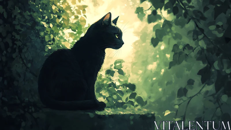 Obsidian Sentinel: A Black Cat's Emerald Forest Vigil.