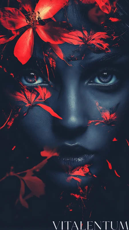 Midnight bloom visage wrapped in ember-bright petals.