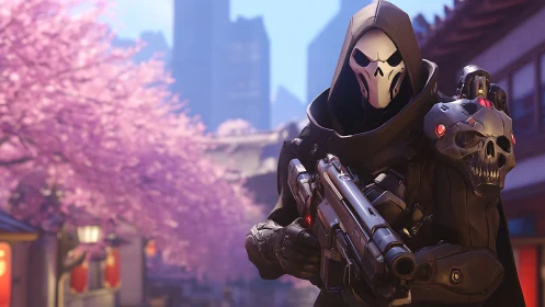 Masked cybernetic warrior amid soft pink blossoms in cityscape.