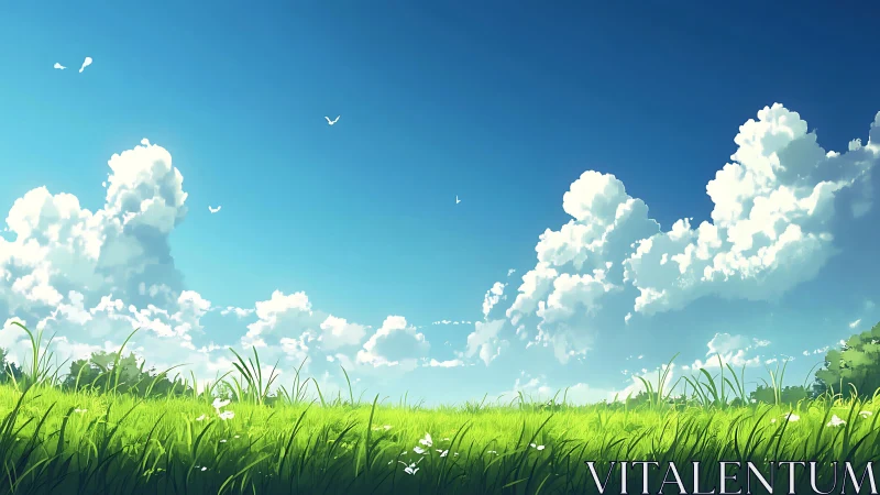 Bright green meadow under deep blue sky and clouds.