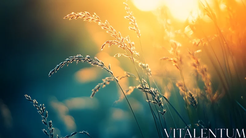 Backlit wild grass stems in warm sunset field glow.