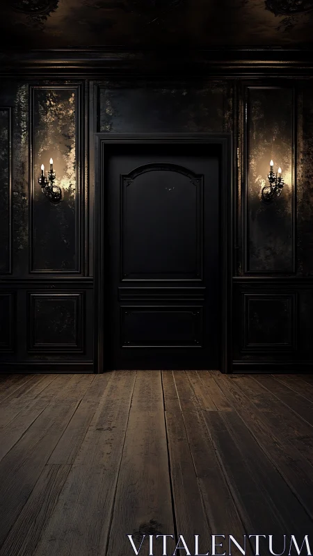 Midnight black door in a candlelit, brooding corridor.
