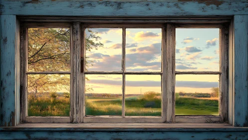 Weathered window framing open rural sunset view.