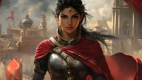 Armored desert commander before sunlit citadel skyline.