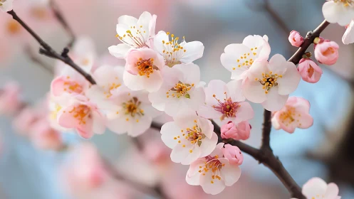 Spring Blossom Branch with White and Pink Petals