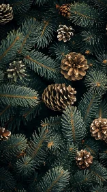 Close-up composition of evergreen needles and pine cones.