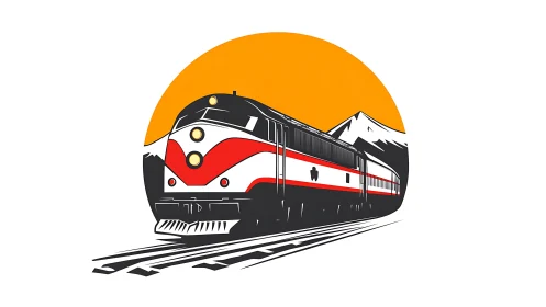Streamlined diesel locomotive illustration under stylized sunset circle