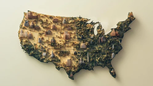 Inviting USA map filled with tiny city skylines and trees.