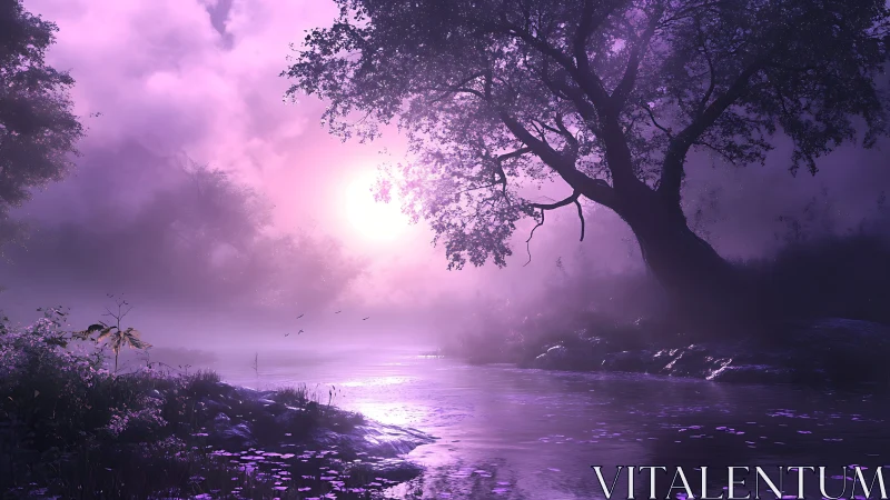 Twilight riverbank under magenta haze with silhouetted tree