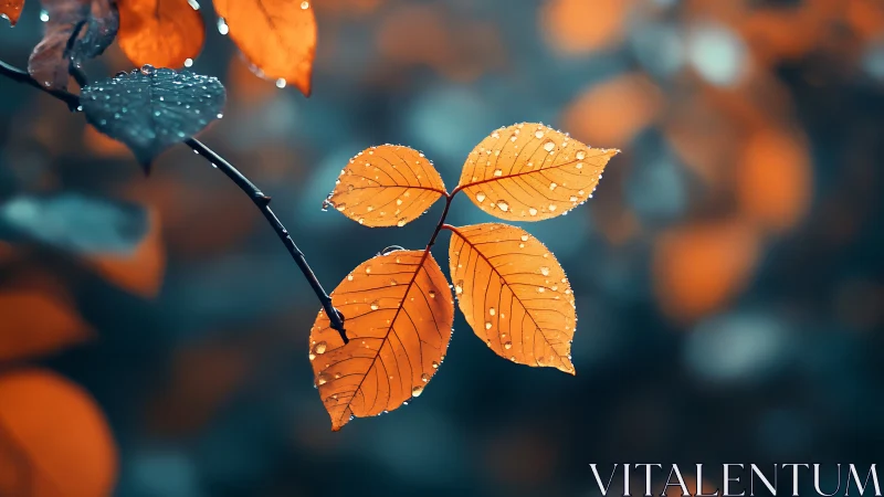 Raindrop-kissed copper leaves quietly glow in cool twilight