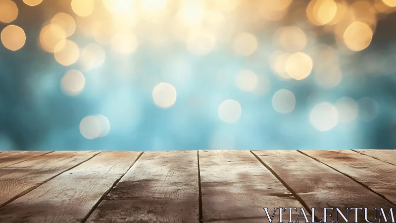 Sunlit wooden table against dreamy golden bokeh glow.