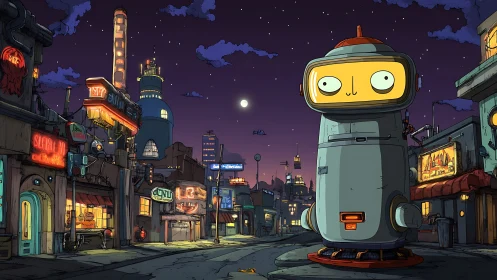 Large robot structure in illuminated retro-future city street.