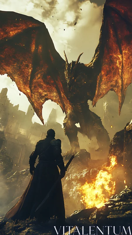 Knight confronts infernal dragon amid burning citadel skies.