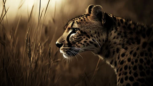 Spotted Wild Cat Profile: Leopard Specimen in Warm Gradient Habitat.