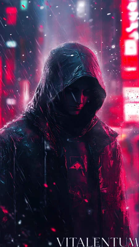 Neon hooded drifter walks through rainlit cyberpunk alleys.