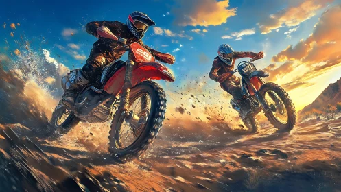 High-velocity dual motocross chase in sunlit particulate spray.