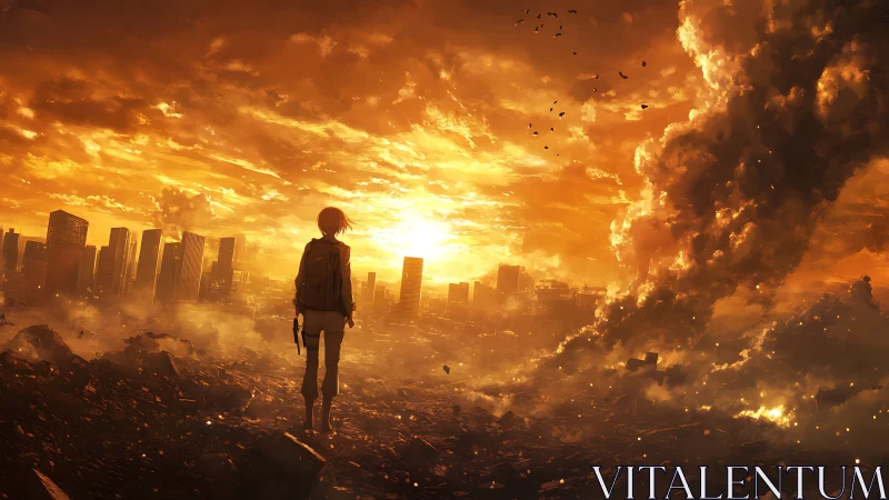 Lone figure surveying ruined city at intense orange sunset.